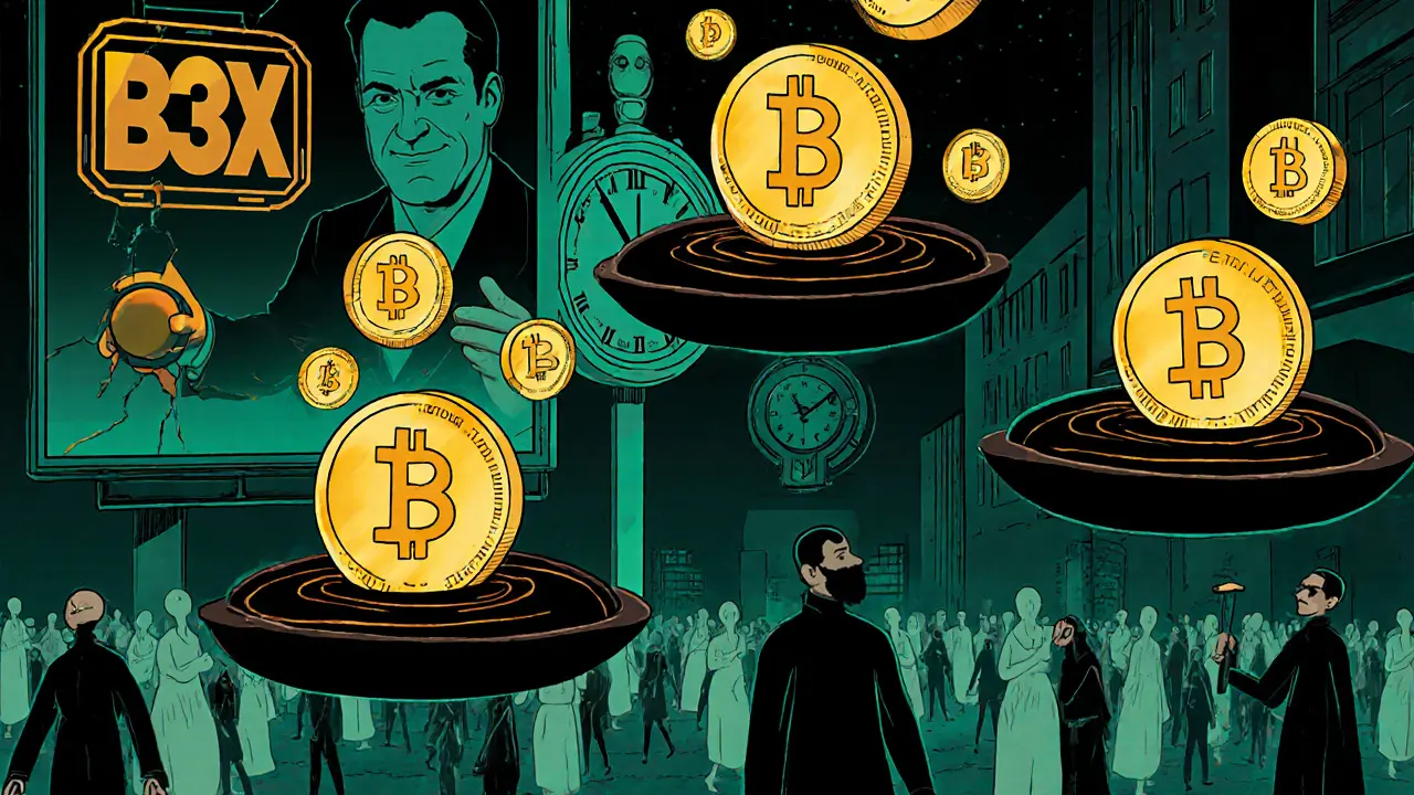 Floating B3X tokens in a surreal marketplace with a ghostly crowd walking away.