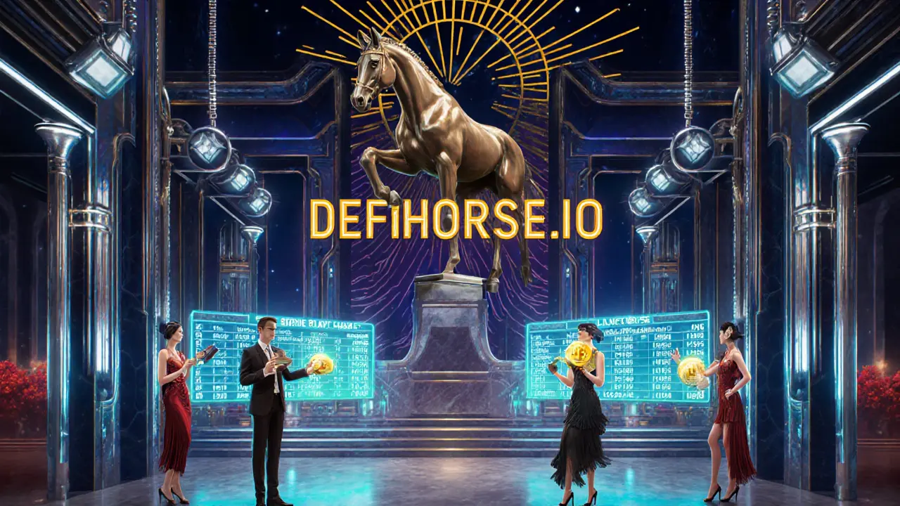 Futuristic stable with users interacting with holograms, BNB tokens, and a giant digital horse statue.