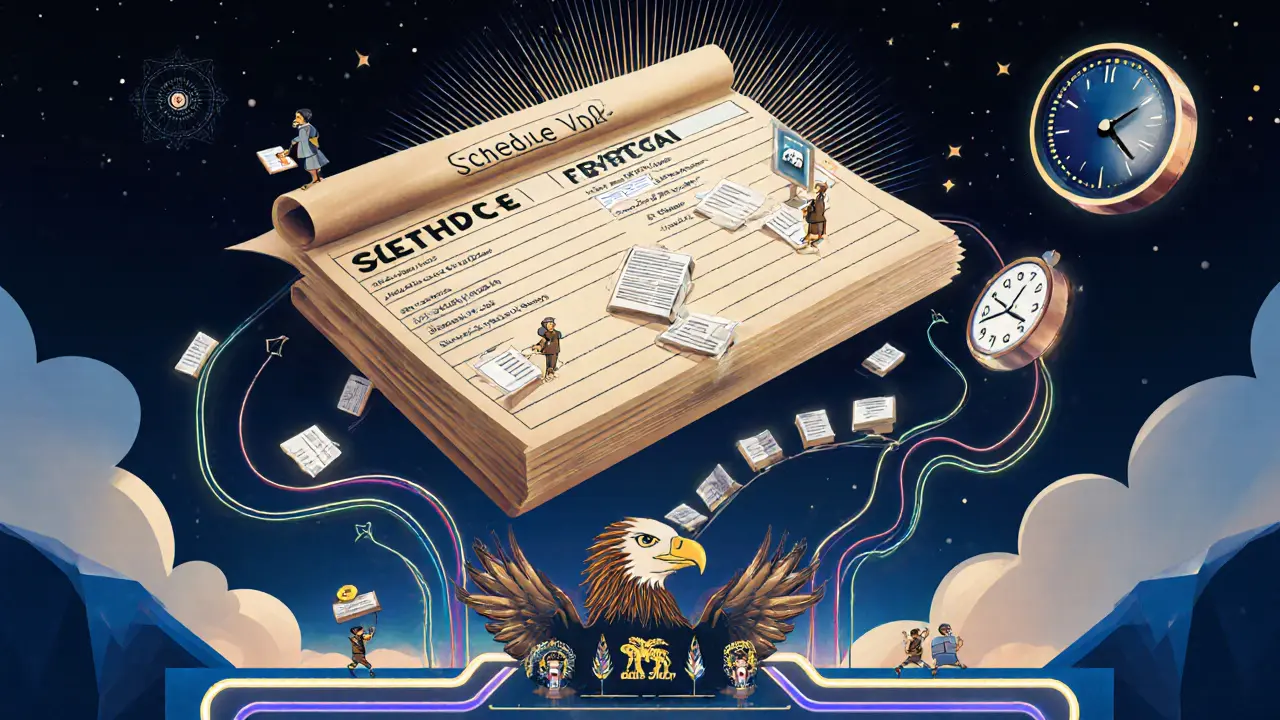 Giant ledger with crypto holders submitting forms under a surveillance eagle in Art Deco style
