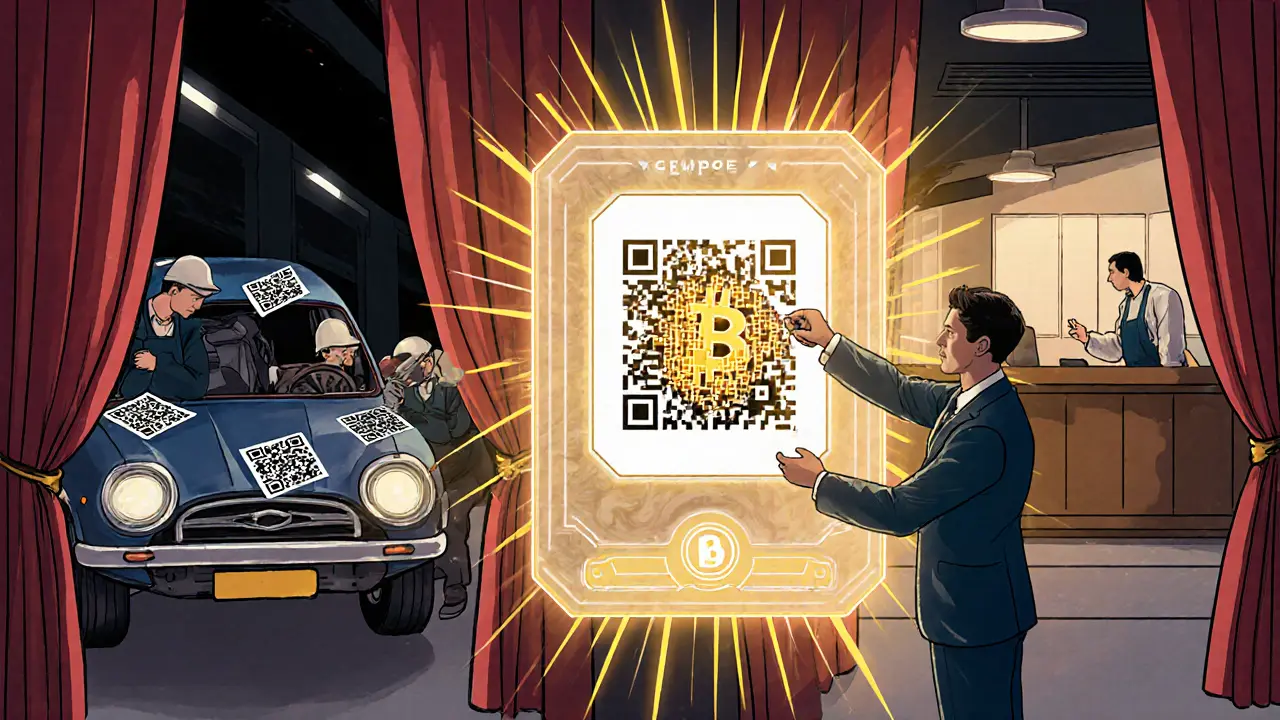 Hybrid car assembly line with private internal network and public blockchain hologram verification in Art Deco style.