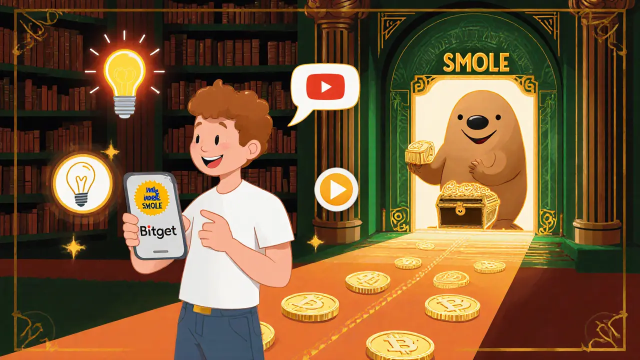 Person earning SMOLE tokens through a crypto learning app in Art Deco illustration style.