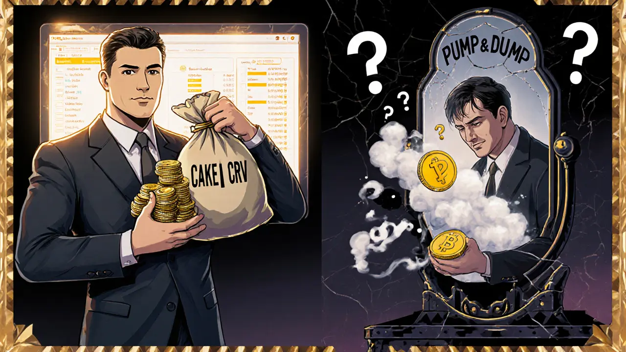 Split Art Deco ad contrasting wise crypto investors with a trader watching their HIVP token vanish into smoke.