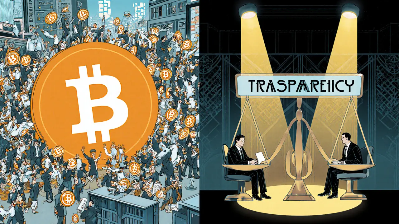 Split-panel Art Deco scene contrasting chaotic public crypto trading with orderly private business ledger review.