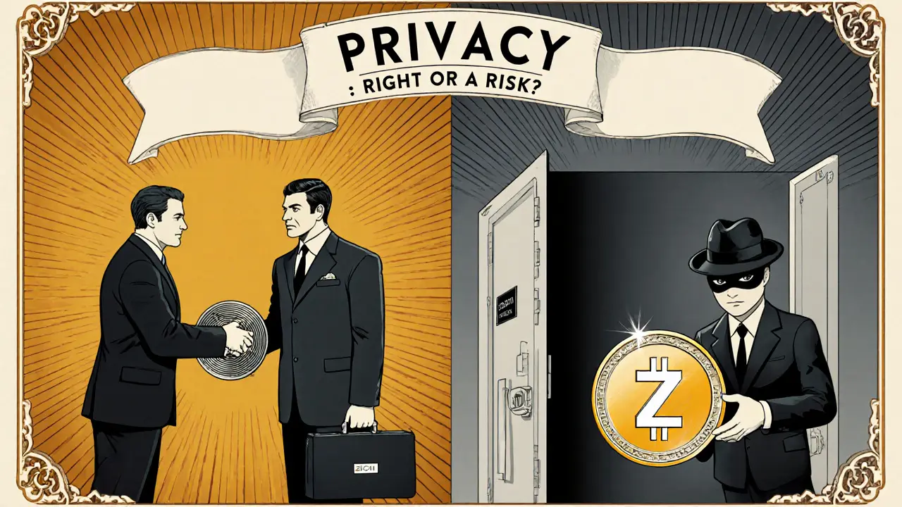 Split scene: businessman with tax records vs. journalist passing privacy coin