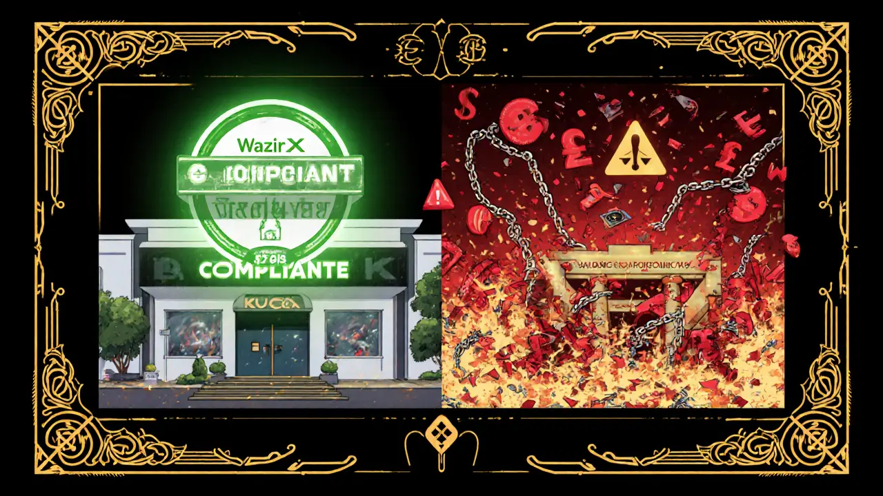 Split scene: compliant Indian exchange vs chaotic offshore platform in Art Deco style