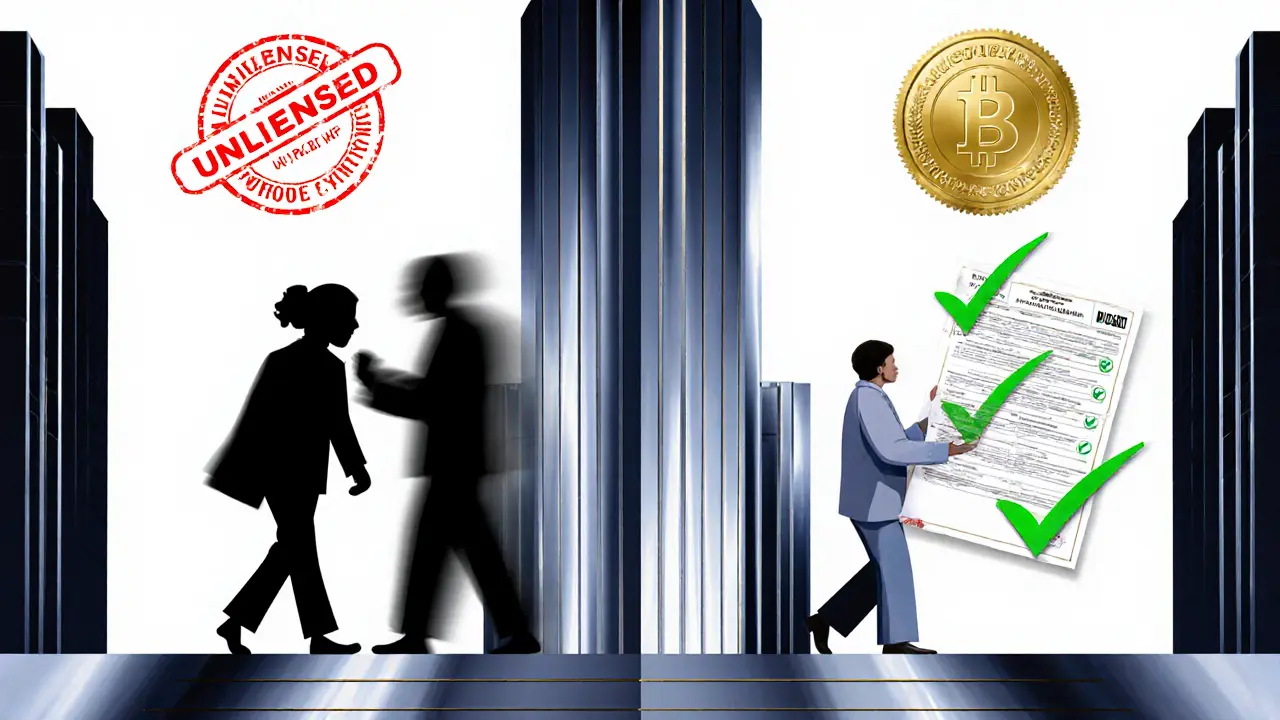 Split scene: untracked offshore crypto vs compliant local exchange in Art Deco advertising