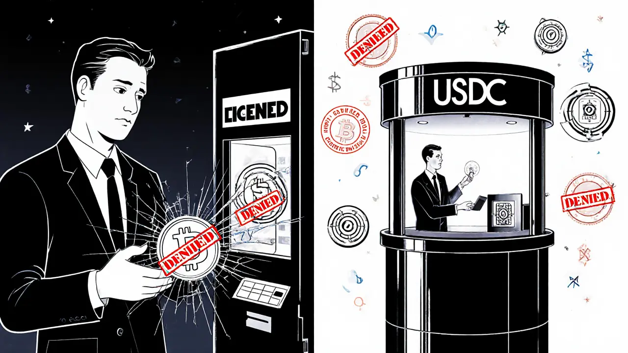 Split scene: USDT cracking at a denied exchange terminal vs. USDC being accepted at a licensed kiosk.