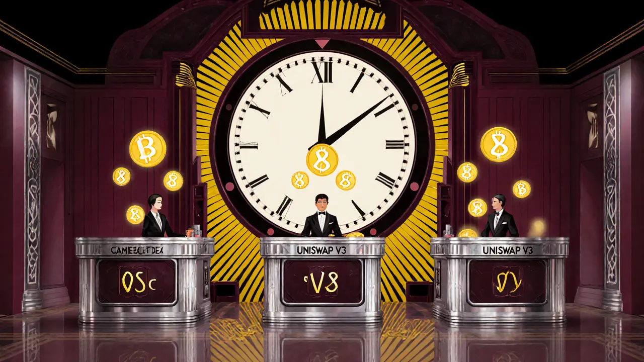 Three elegant figures trading tokens at Art Deco DEX counters with low gas fees displayed, set in a luxurious 1920s-style trading floor.