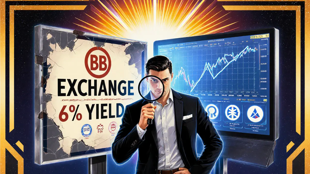 Trader examining a crumbling BB EXCHANGE billboard while legitimate exchanges shine brightly behind him.