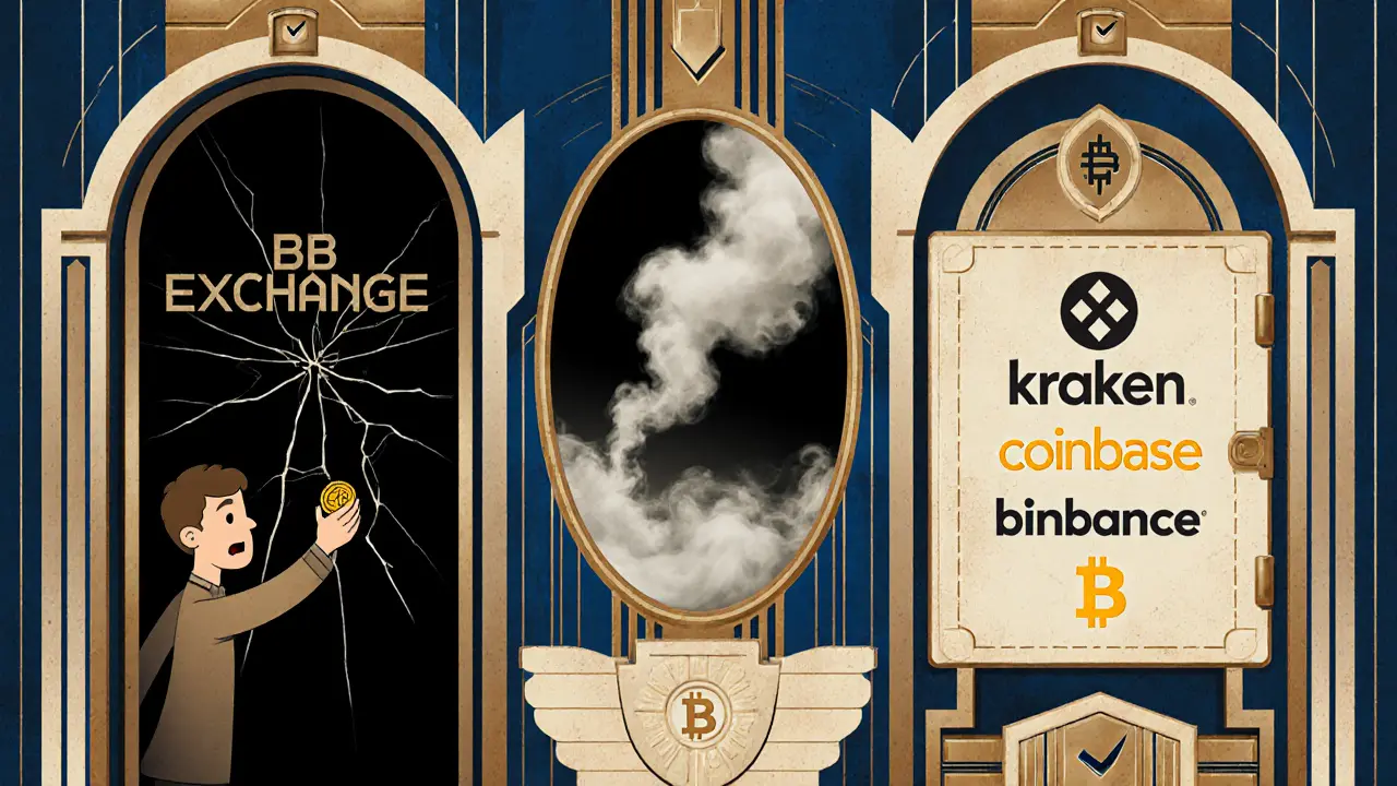 Triptych showing crypto loss, emptiness, and secure exchanges in stylized Art Deco design.