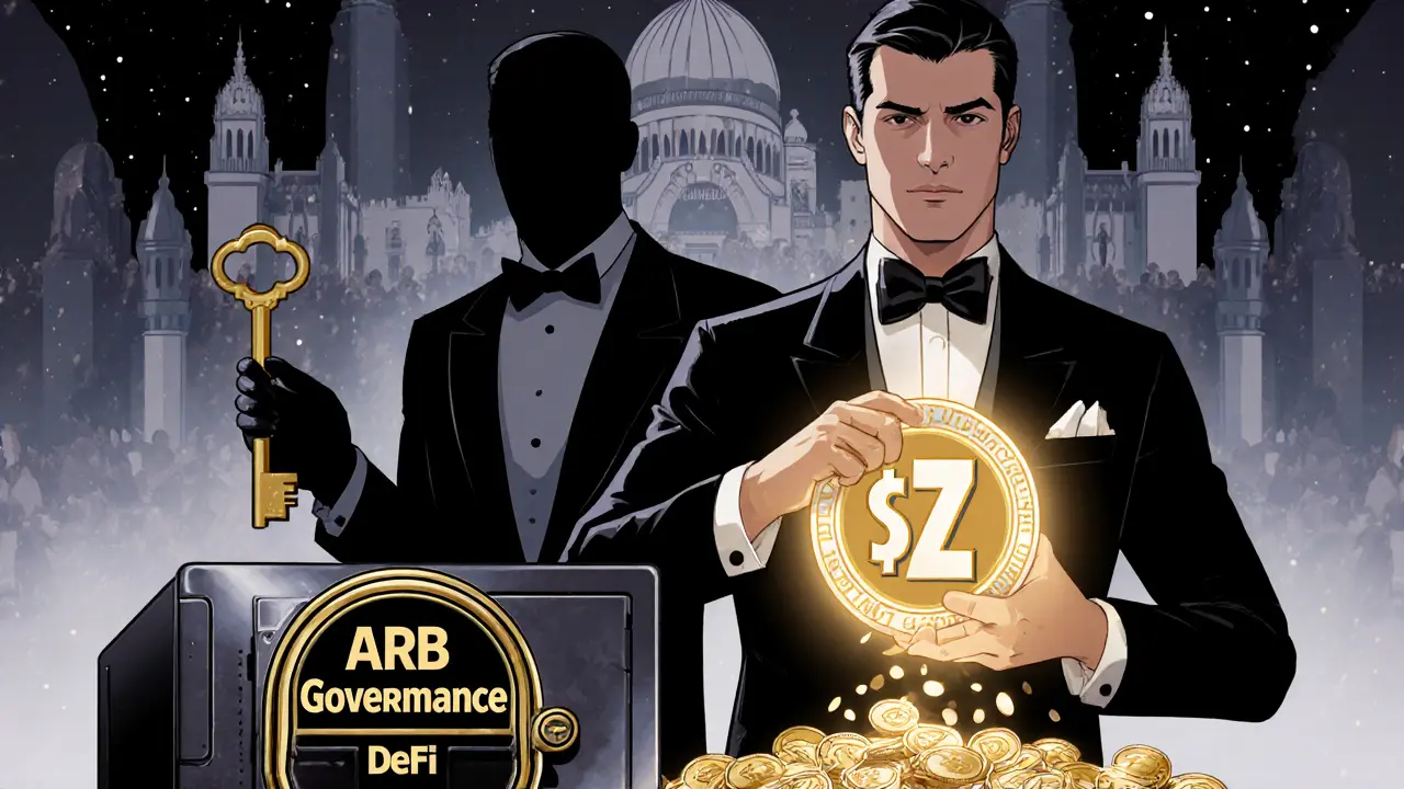 A 1920s-style trader holding a $ZZ token as revenue coins fall into a vault, with a shadowy figure pointing to a DeFi palace.