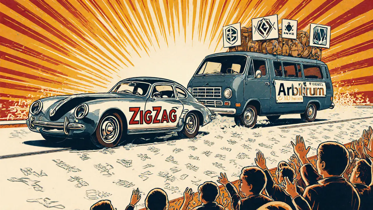 A sleek ZigZag race car speeding past a full Arbitrum minivan, surrounded by DeFi banners in vintage travel poster style.