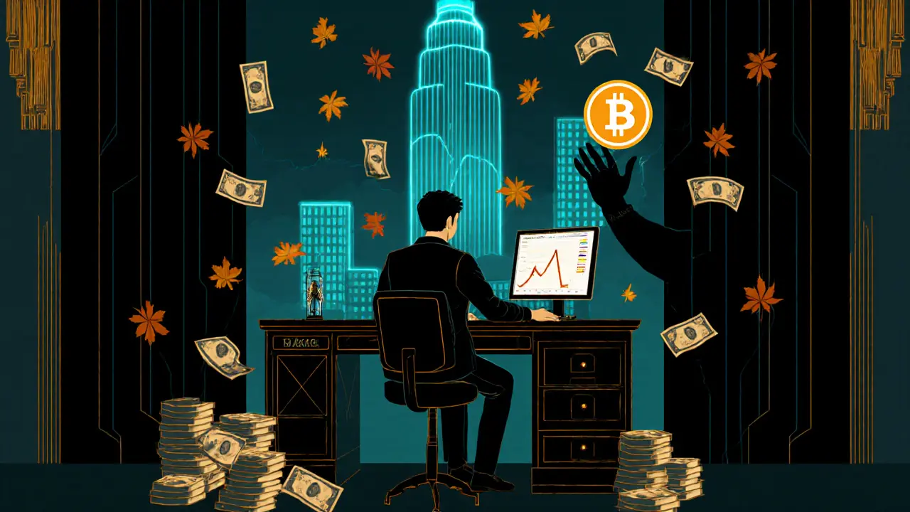 A trader watches a crypto chart rise as a shadowy hand freezes a Bitcoin coin.