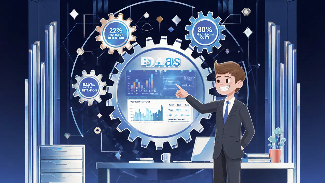 Business owner viewing a holographic BaaS dashboard with charts, surrounded by connected apps in Art Deco design.