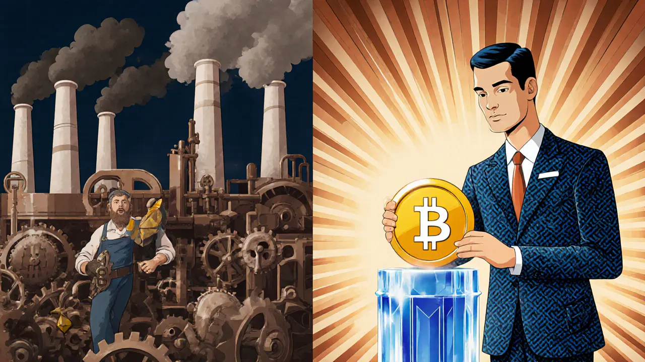 Contrasting Art Deco scenes: steam-punk miner vs. sleek validator staking crypto in elegant style.