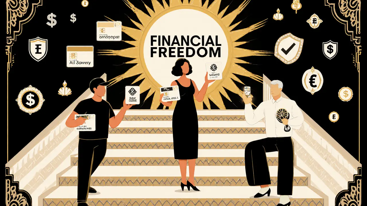 Diverse users ascending a staircase of APIs toward financial freedom, holding glowing BaaS cards in Art Deco style.