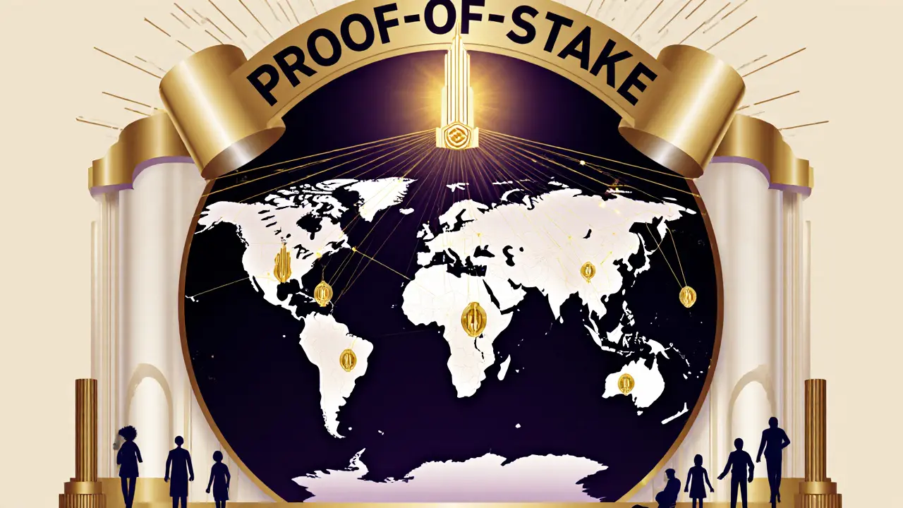 Global map of validator nodes as glowing towers connected by golden threads in Art Deco style.