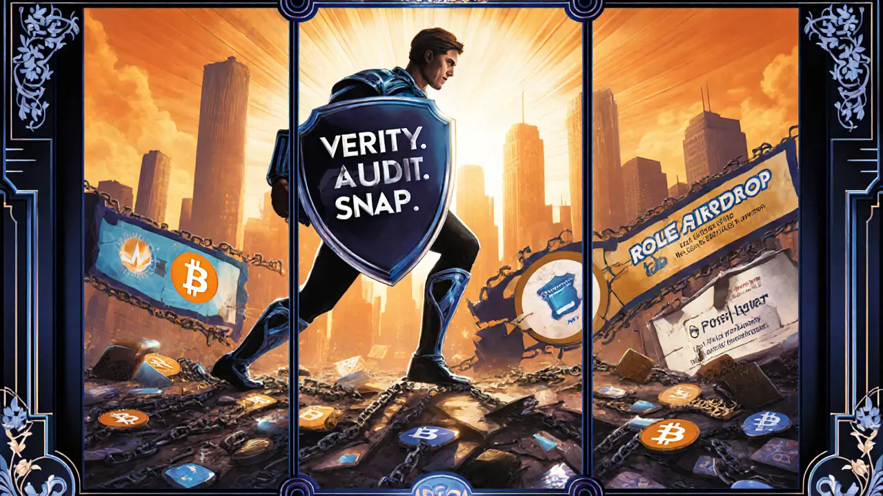 Hero stepping over fake airdrop debris toward real blockchain projects.