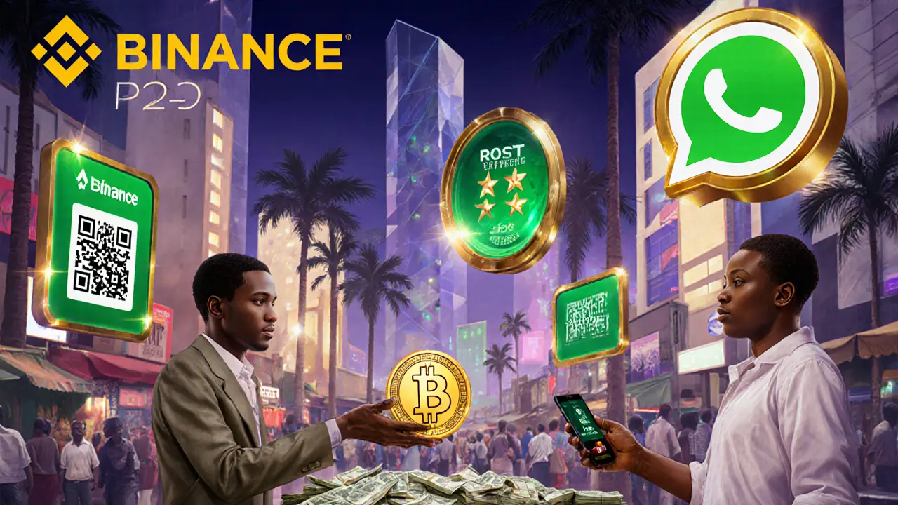 Lagos market trader exchanging cash for Bitcoin via QR code, with floating P2P and WhatsApp icons.