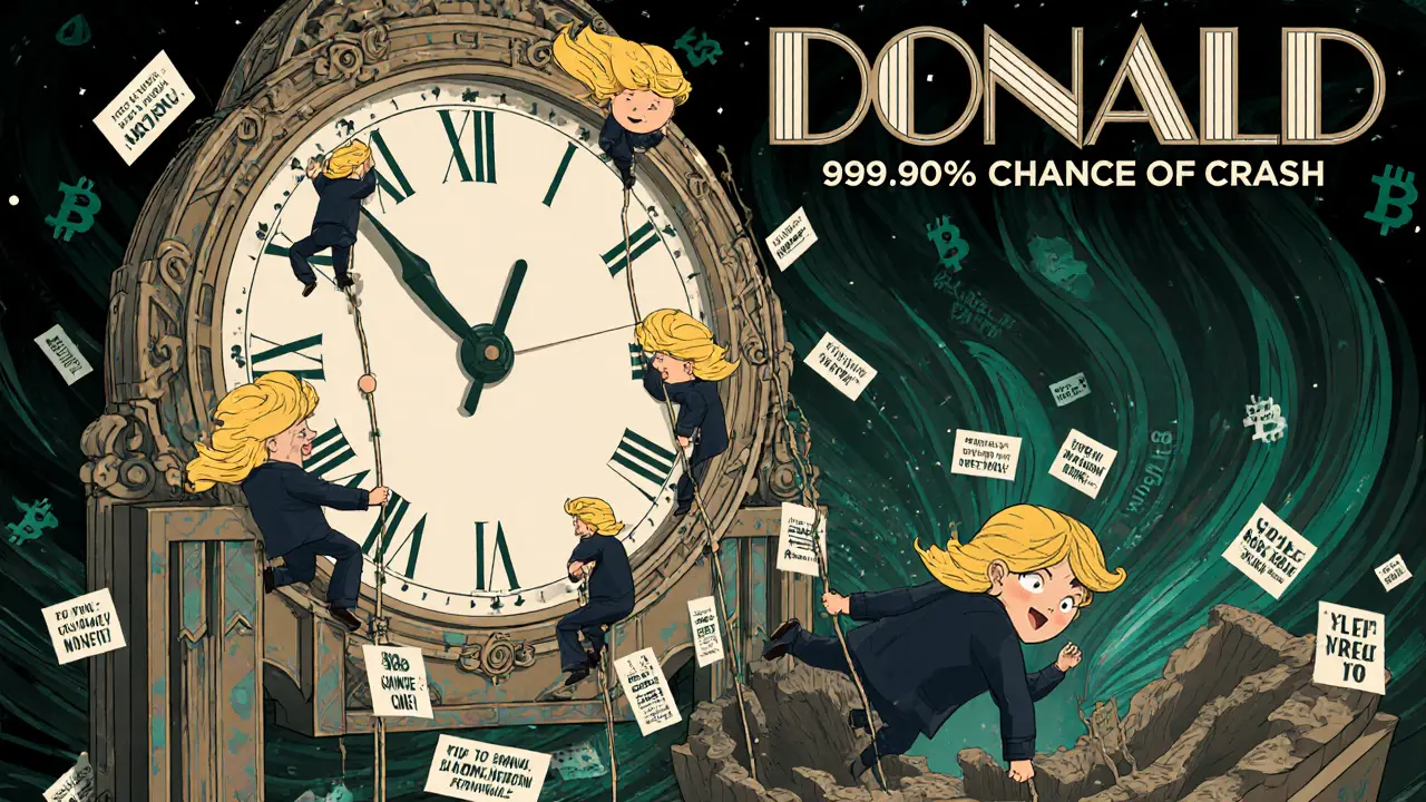 Ornate clock with Trump-style hair ticking to midnight as traders fall into a liquidity pit.