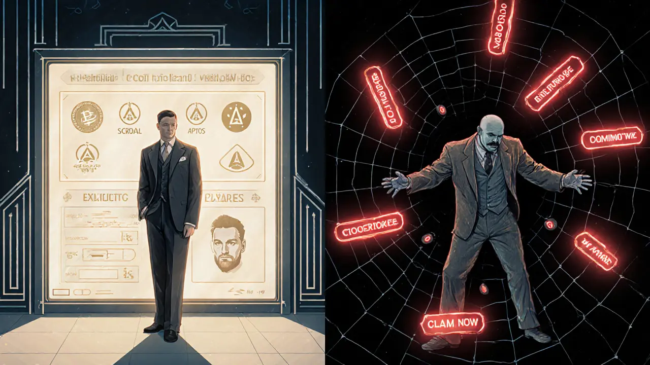 Split illustration: verified airdrops on one side, phishing trap on the other.