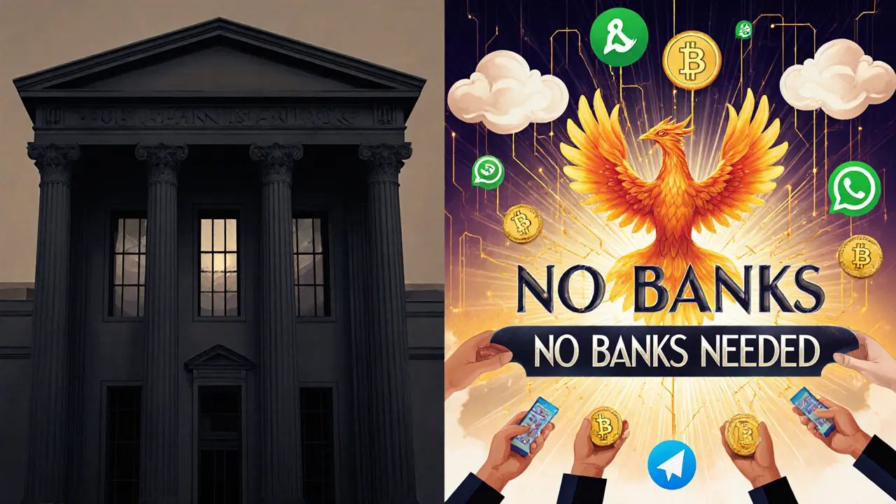 Split image: dark bank vs. radiant crypto network with hands passing digital coins through chat bubbles.