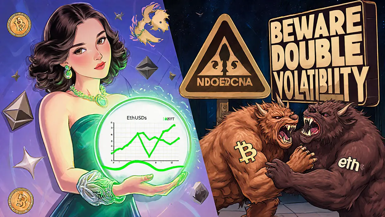 Split scene: calm ETH/USDT chart vs chaotic ETH/BTC struggle in vintage advertising style.
