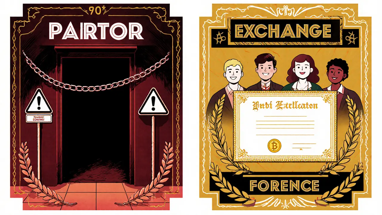 Split scene: failed exchange vs. licensed exchange with glowing certificate and laurel wreaths.