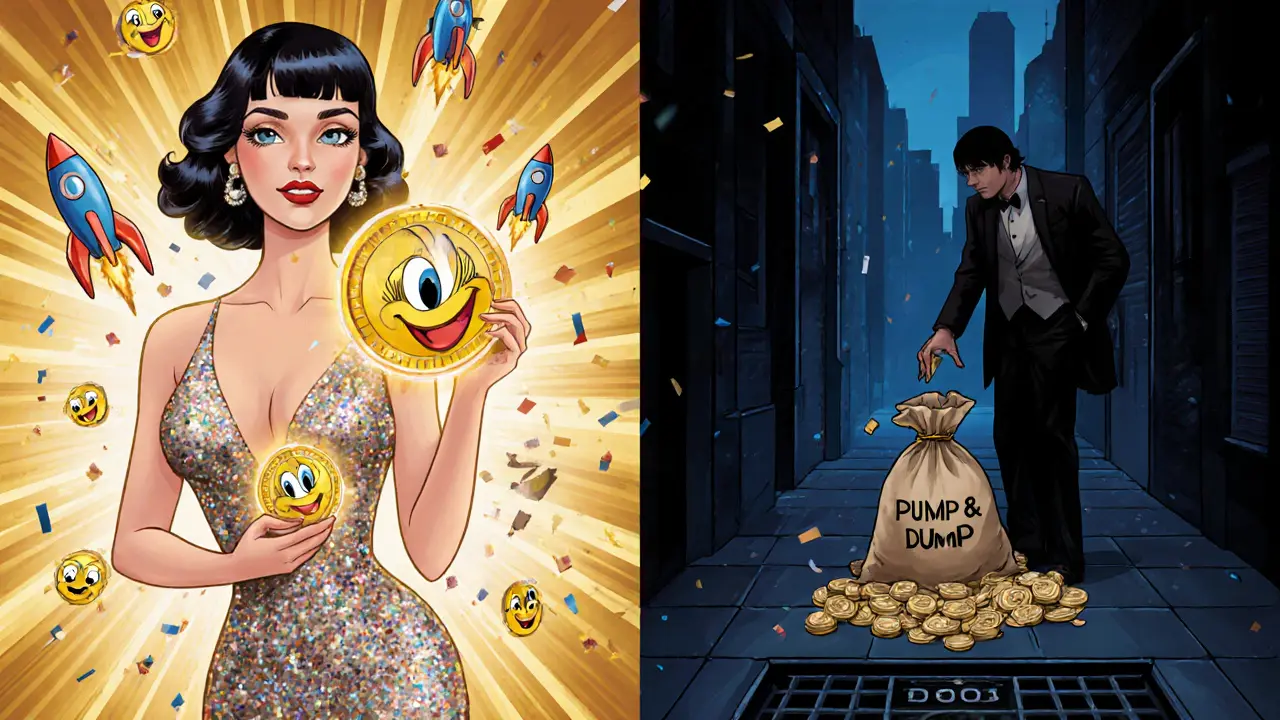 Split scene: glamorous trader with DONALD token vs. same woman alone in dark alley with broken token.