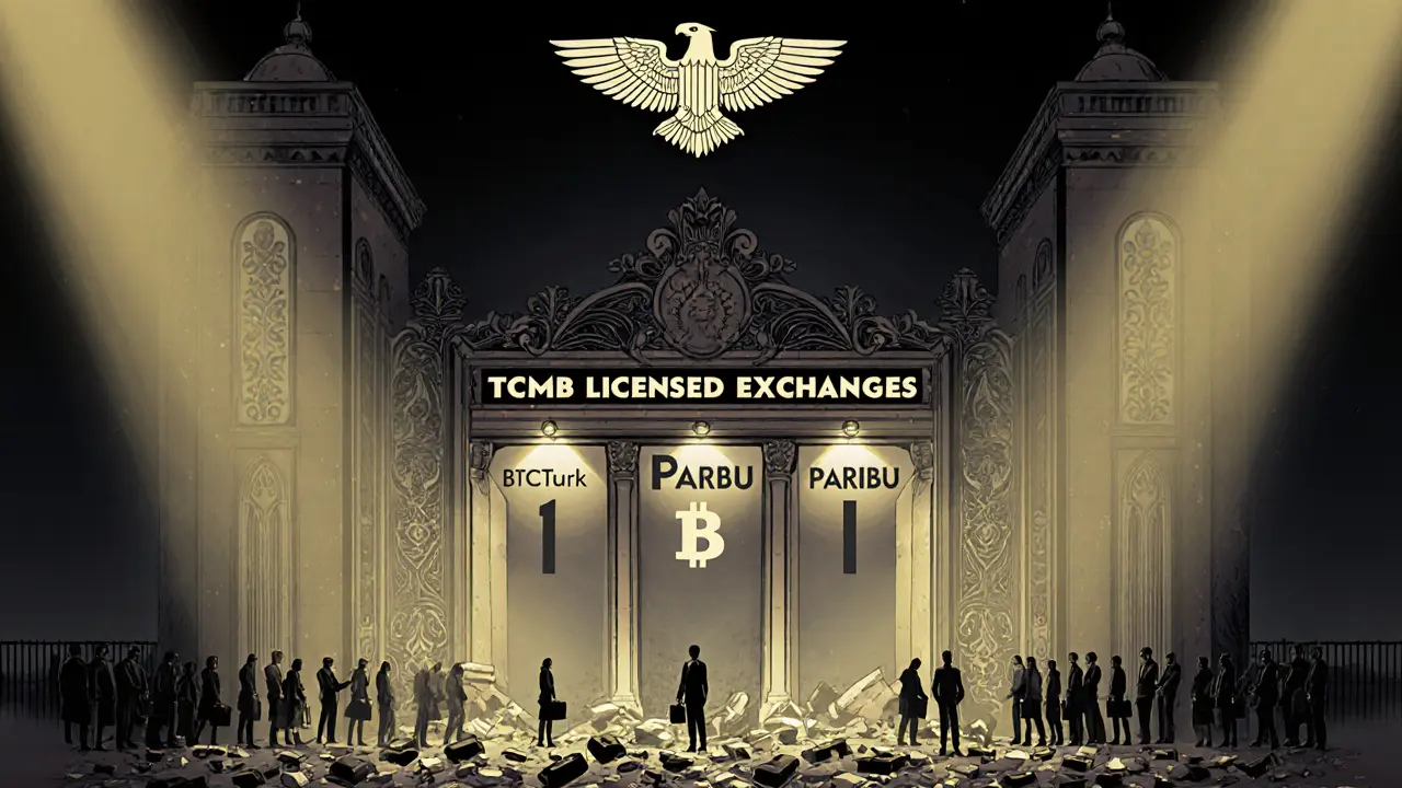 Three large licensed crypto exchanges stand tall while smaller ones lie broken at their base.