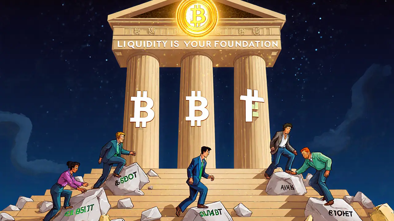 Three-pillar temple of crypto trading with USDT as keystone, traders climbing to safety.