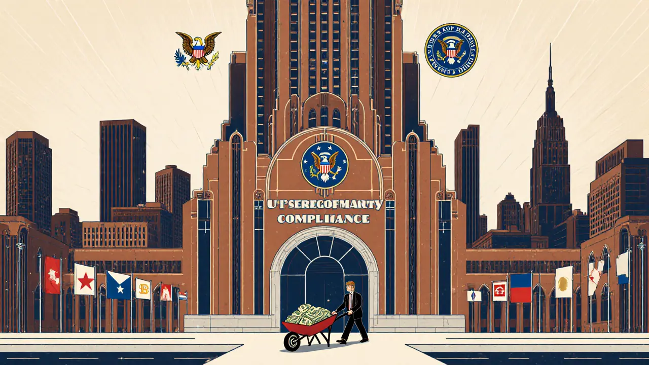 Tiny figure pushing cash toward a massive U.S. crypto compliance building under watchful eagles.