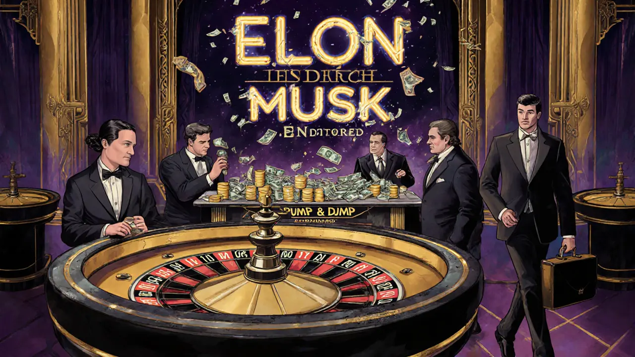 1920s casino scene with ELON coins being gambled on DEX tables, neon sign breaking apart, investor walking away with cash.