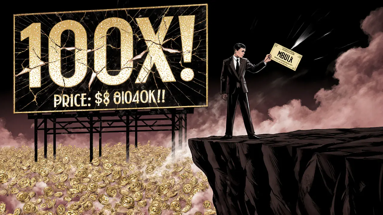 A 1920s-style trader holding an MBLK token on a cliff as a &#039;100X!&#039; billboard crumbles behind him.