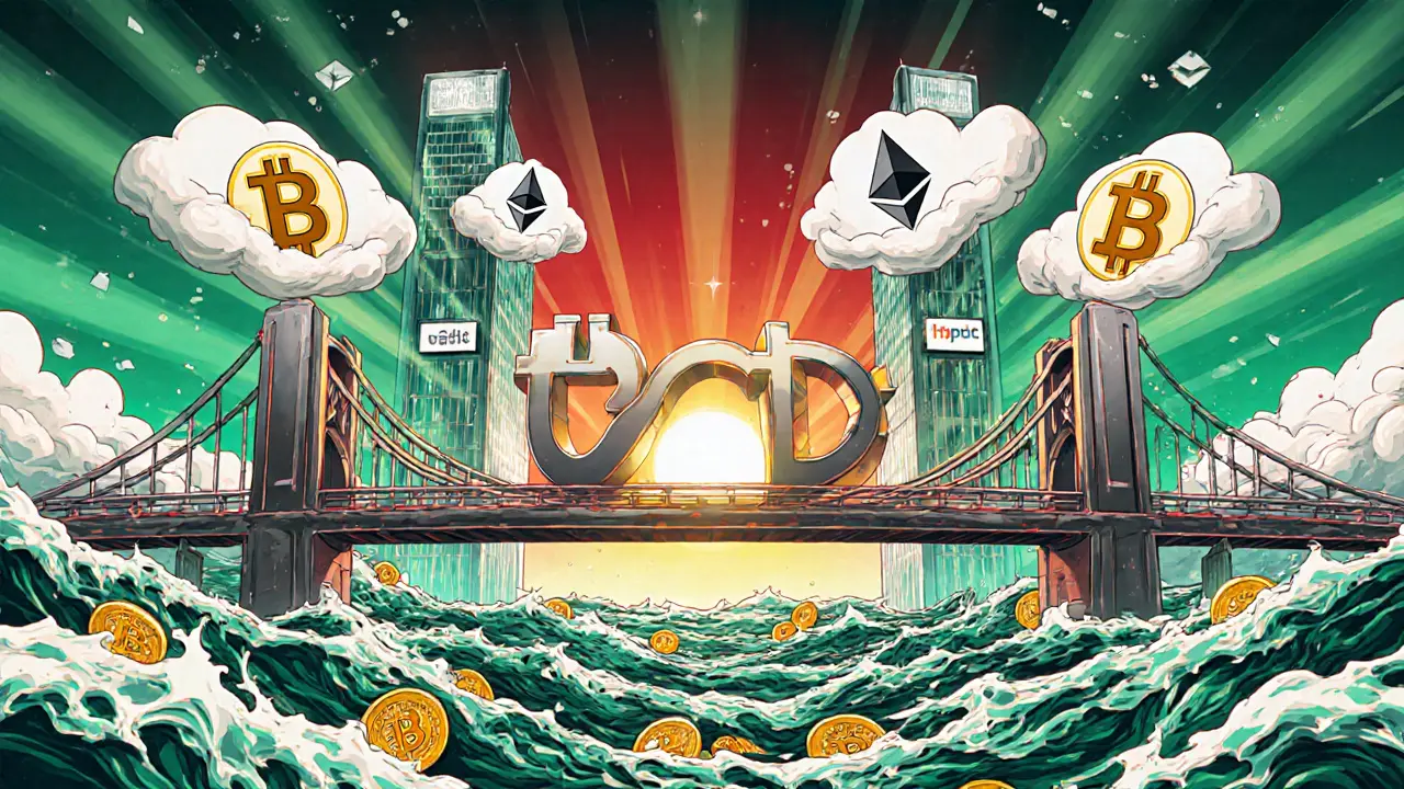 A bridge of USDT tokens crossing a stormy sea of volatile cryptos, symbolizing stability and order.