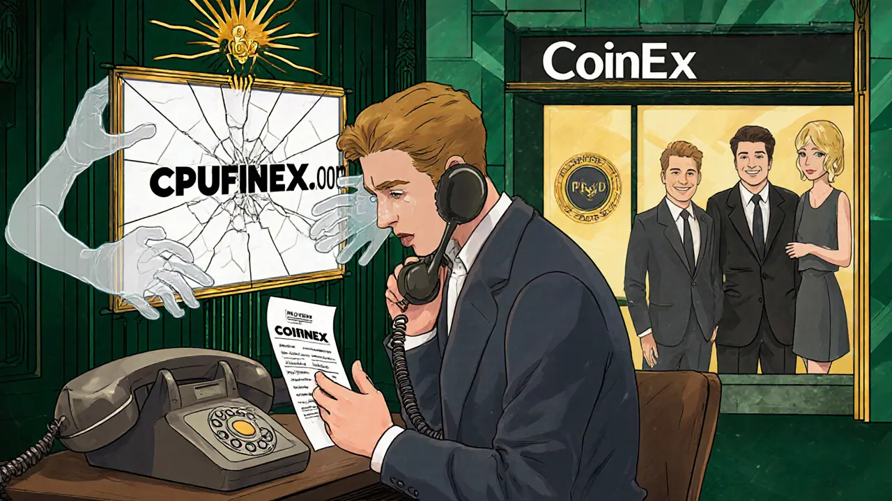 A confused investor being robbed by ghostly hands from a fake crypto website while a legitimate exchange glows safely in the background.