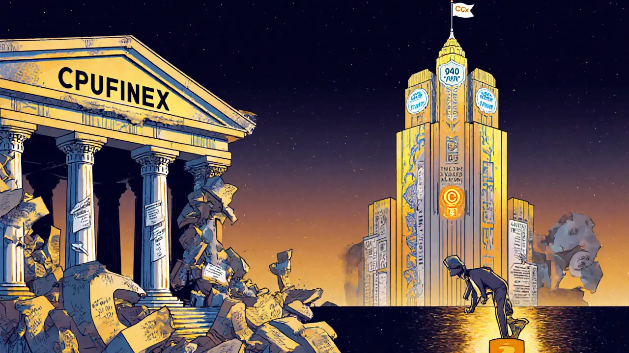 A crumbling fake exchange temple collapsing into a pit as a real, verified exchange stands tall and radiant above.