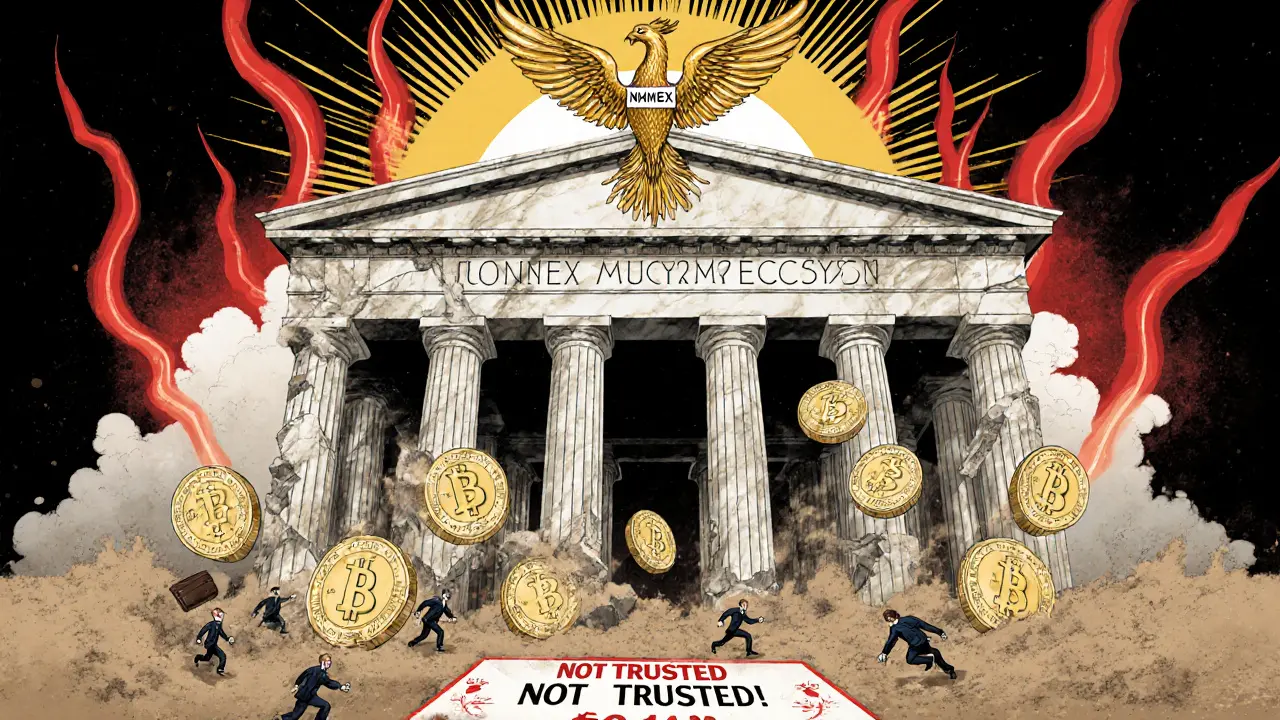 A crumbling temple made of NMX tokens collapsing as a phoenix of trusted exchanges flies above, with falling prices in the background.