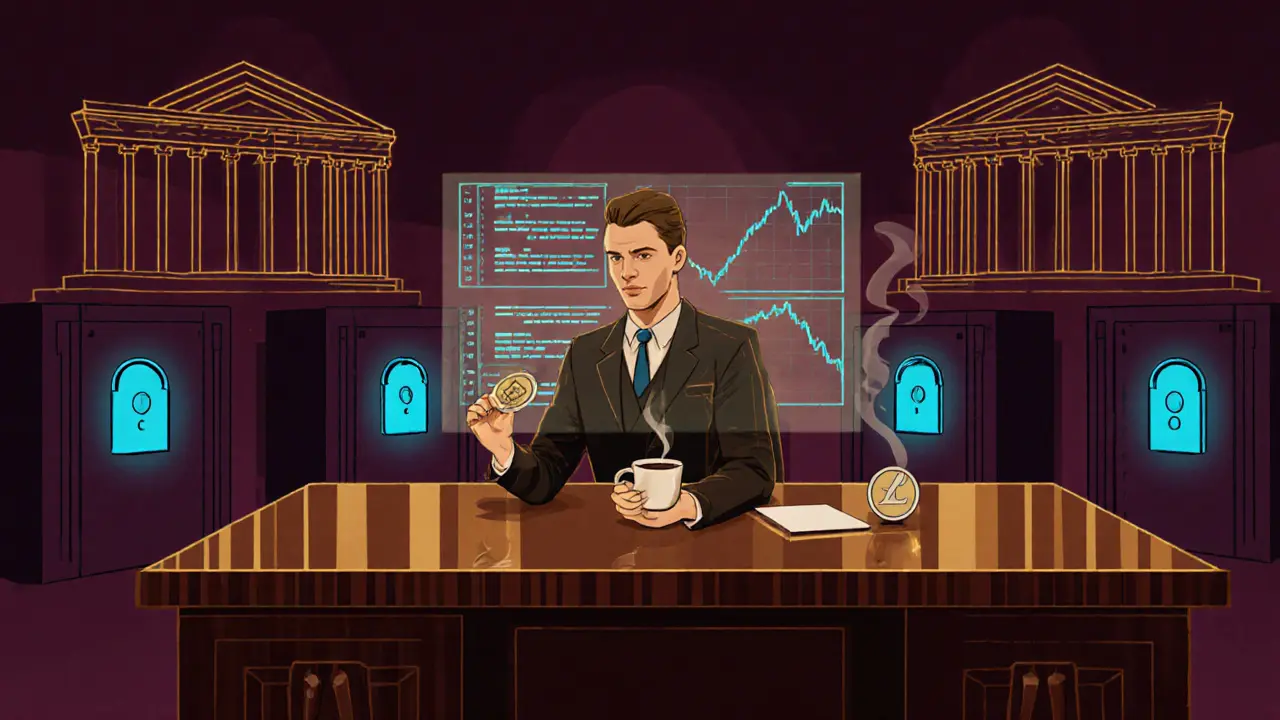 A European trader using a glowing social feed with UQC tokens on a vintage desk, cold storage vaults in background.