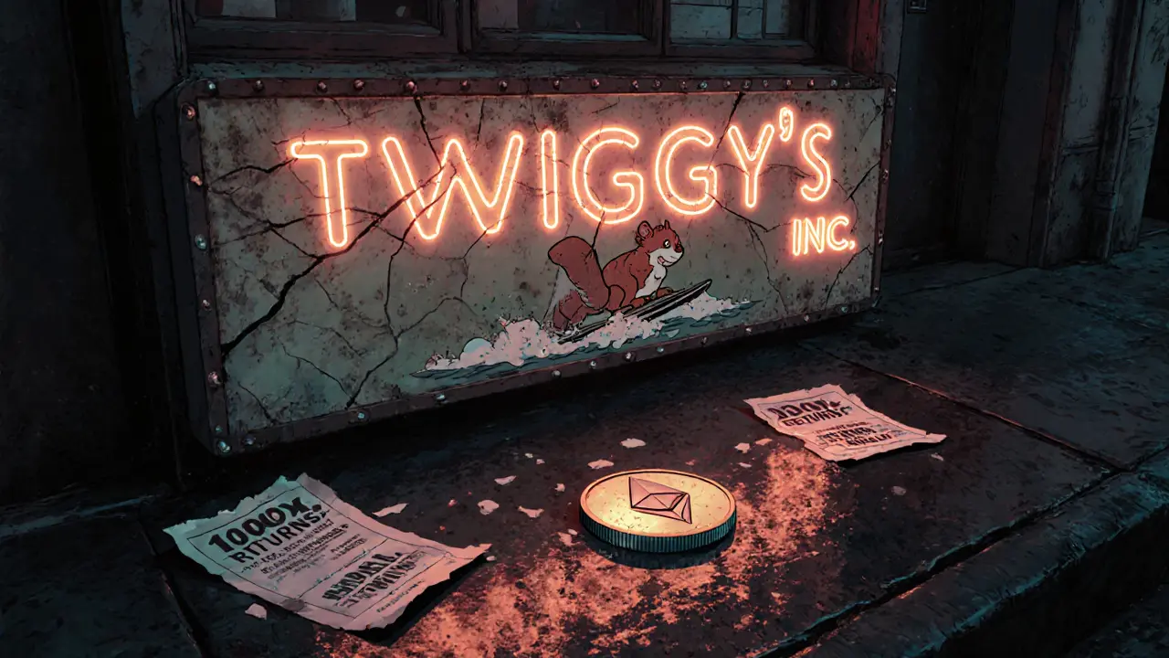 A faded neon &#039;TWIGGY&#039;S INC.&#039; sign in an alley, with a glowing Ethereum token on the ground and discarded crypto flyers.