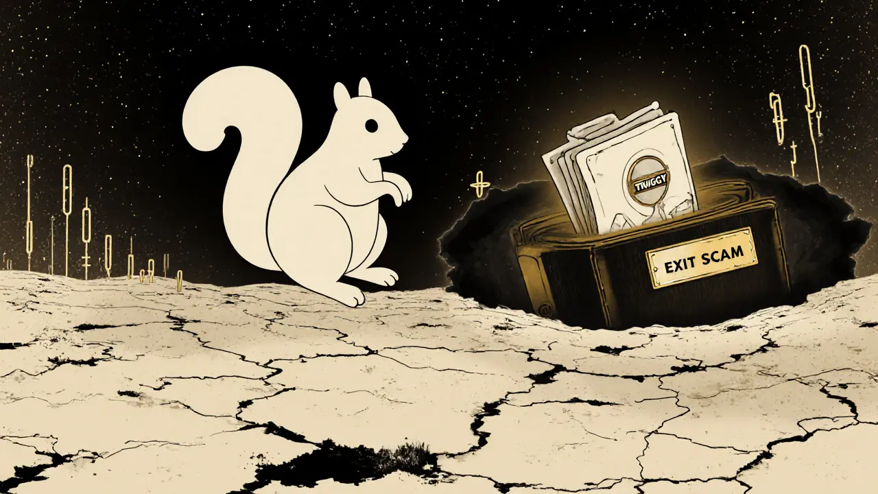 A ghostly squirrel silhouette above a digital wasteland of broken blockchains and zero-volume charts, drifting into a black hole.