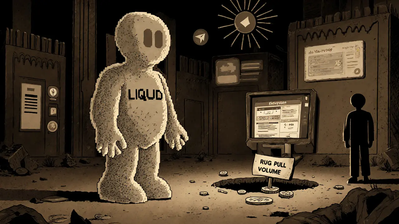 A ghostly token figure standing in an abandoned digital city with silent chat icons.