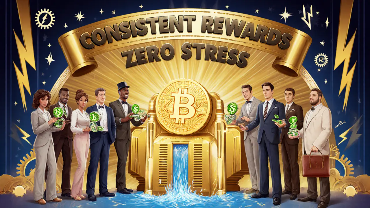A group of miners celebrate daily Bitcoin payouts from a golden pool machine in Art Deco advertising style.