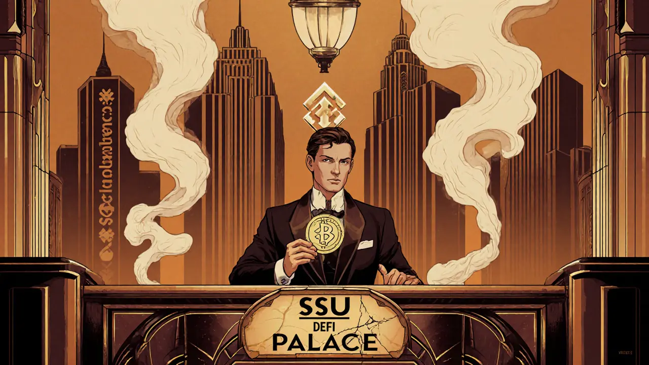 A lone gambler holds an SSU token outside shuttered crypto exchange doors.