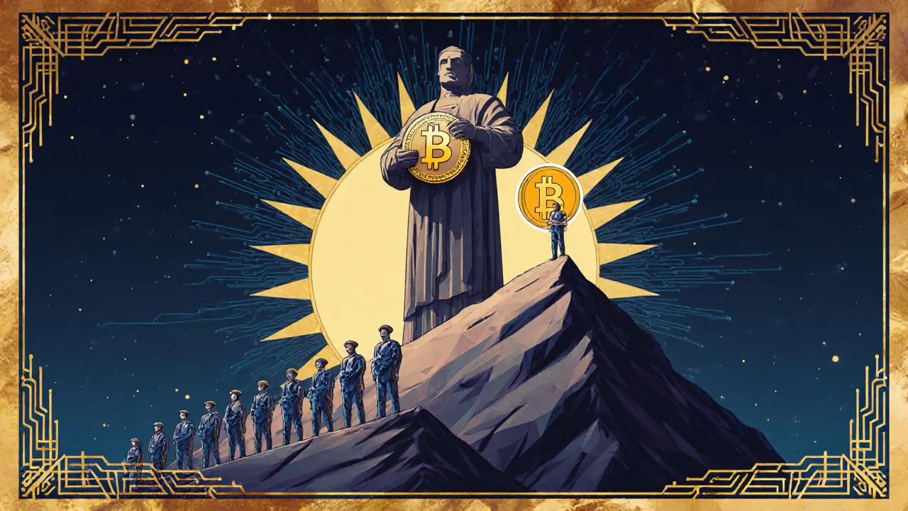 A lone solo miner atop a mountain with a glowing Bitcoin, surrounded by loyal pool miners.
