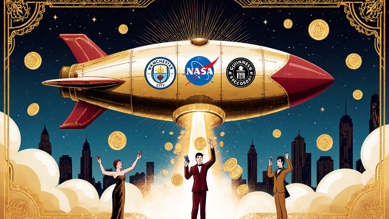 A rocket-shaped arcade machine launching GMEE tokens with famous brand logos on its side.