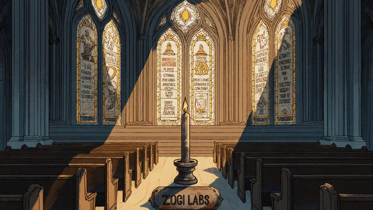 An empty blockchain cathedral with faded promises in stained glass, lit by a single dying candle.