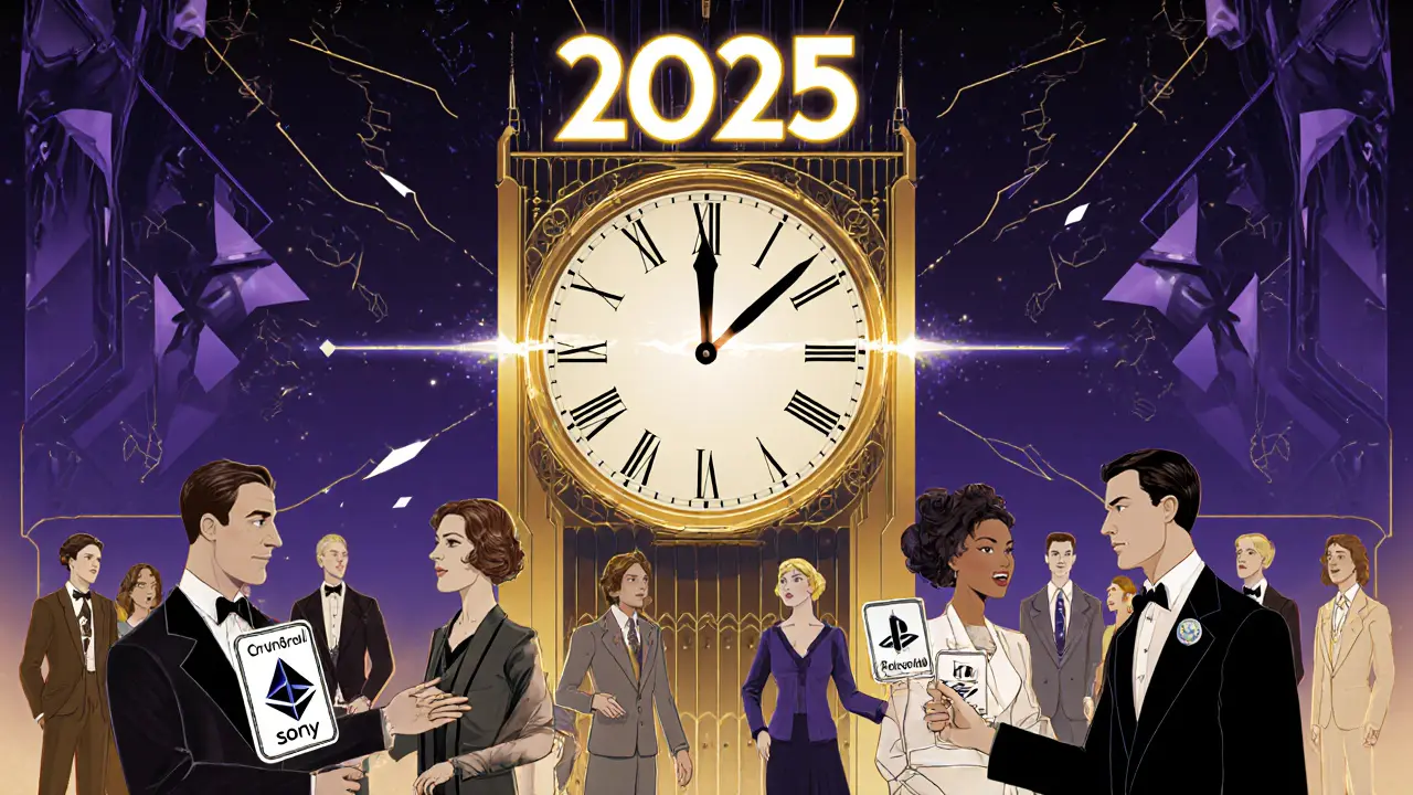 Art Deco clock tower with Ethereum chains as hands, crowd exchanging Sony-branded tokens under a 2025 sign.