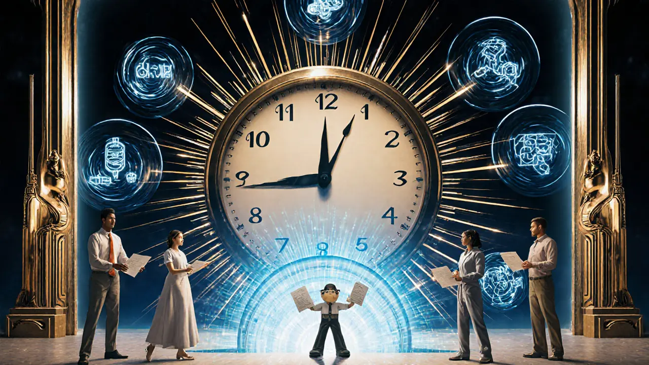 Art Deco clock with 3-second timer and gossip protocol nodes, people passing digital documents through a token gateway.