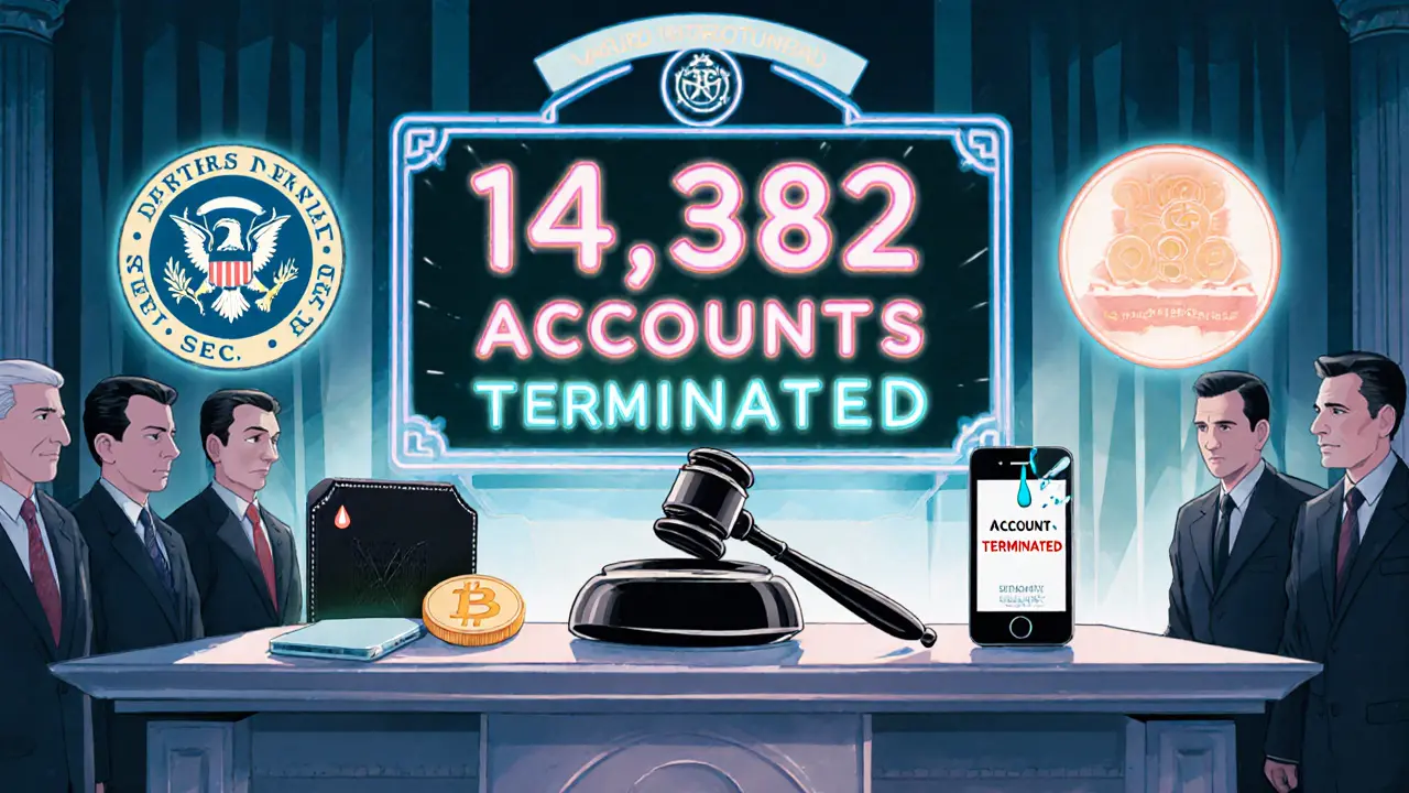 Art Deco courtroom scene with a VPN on trial, regulators as jurors, and a neon sign displaying account terminations.